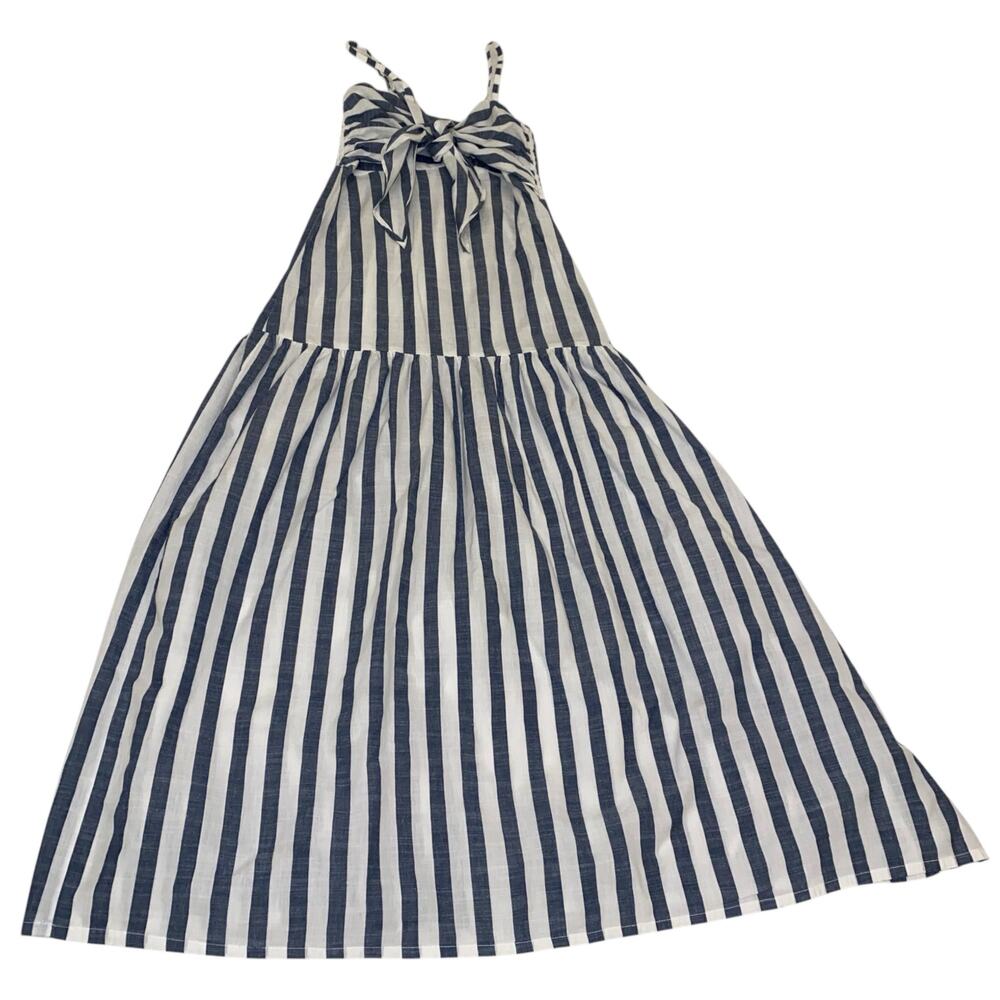 Women's Blue and White Stripe Bow Cut Out 100% Cotton A-Lined Dress - Picture 5 of 11